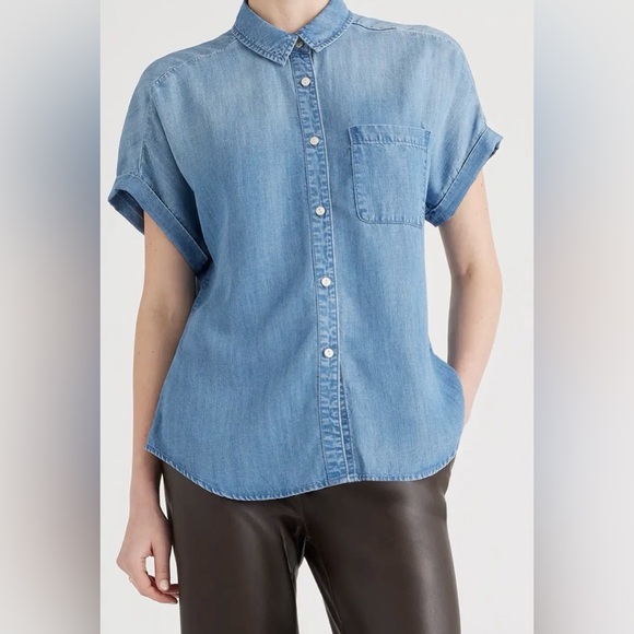 Quince Tops - Quince Blue Button Up Shirt Short Sleeve Pocket Minimalist Chambray Top Medium